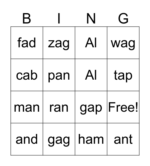 Short A (cvc) Bingo Card