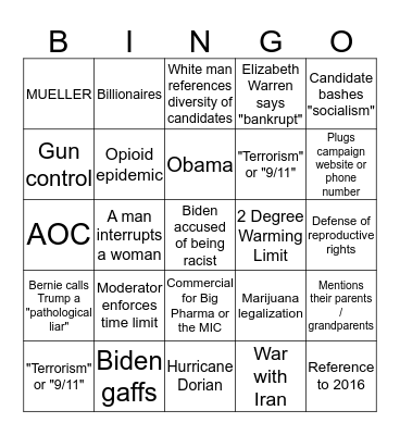 September Democratic Primary Debate Bingo Card