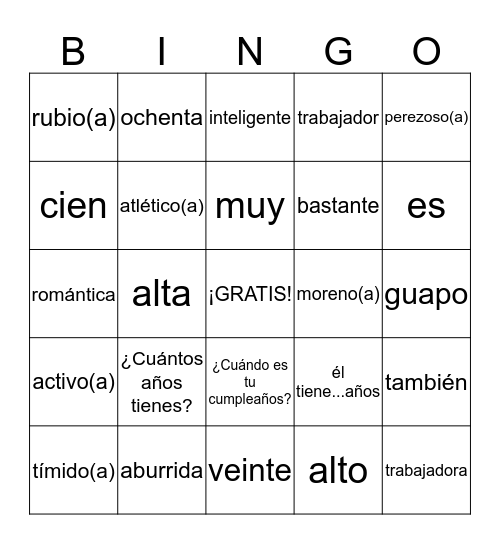 Sp1Ch2 Vocabulario 1 Bingo Card