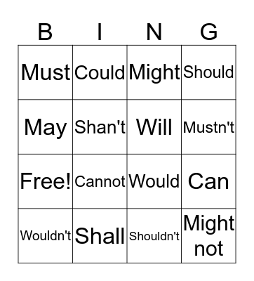 Modal verbs Bingo Card
