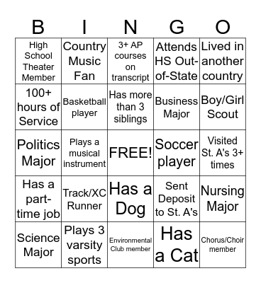 Saint Anselm College Class of 2018 BINGO Card