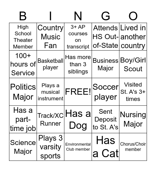 Saint Anselm College Class of 2018 BINGO Card