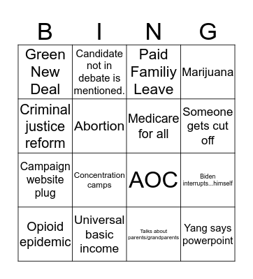 Debate night bingo! Bingo Card