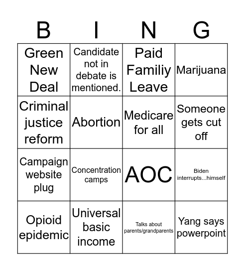 Debate night bingo! Bingo Card