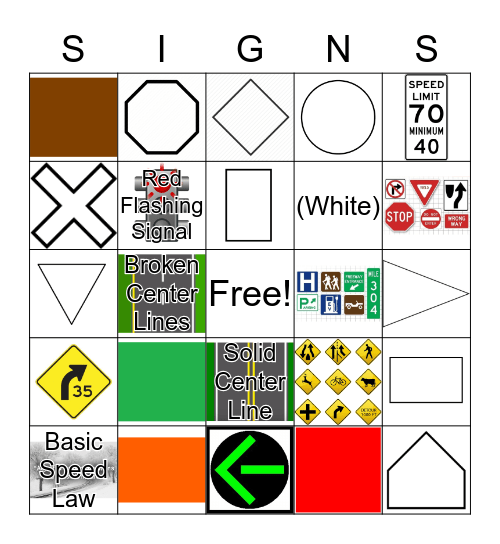 Driver Ed Bingo Card