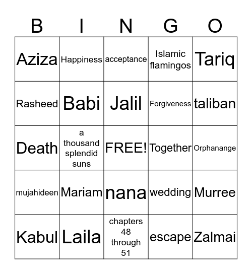 A thousand splendid suns Bingo Card