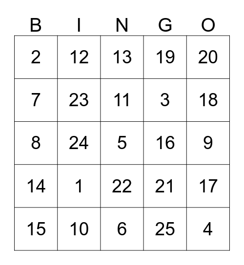 1 - 25 Bingo Card