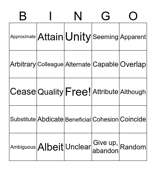 English 9 vocabulary list 1 bingo card
