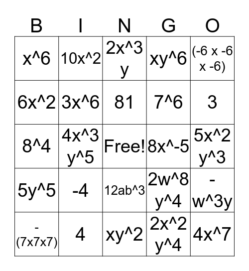 Exponents Bingo Card