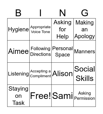 Social Skills Bingo Card