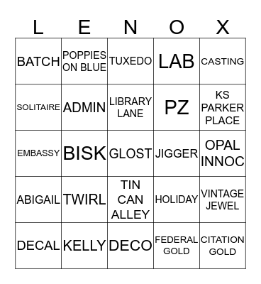 LENOX BINGO Card