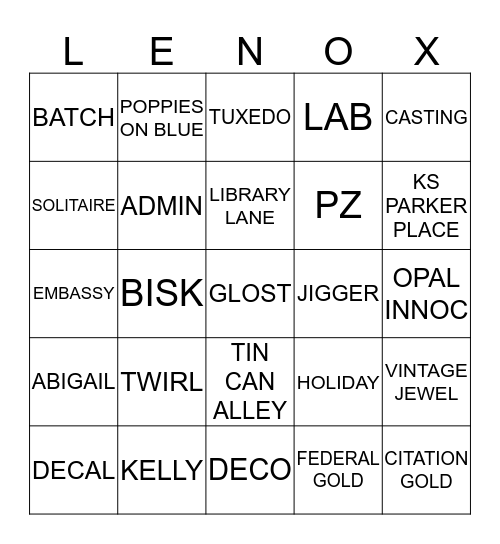 LENOX BINGO Card