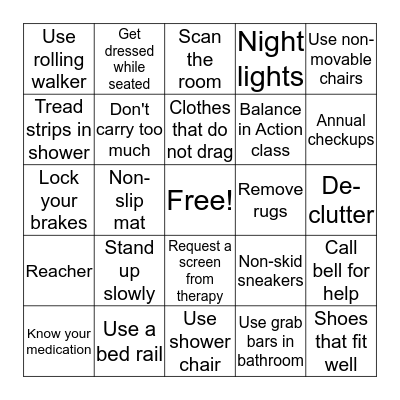 Fall Prevention BINGO Card