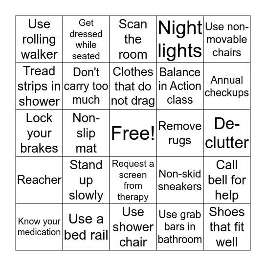 Fall Prevention BINGO Card