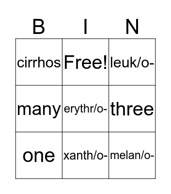 Bingo Prefix Colors Bingo Card