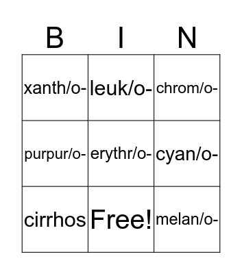Bingo Prefix Colors Bingo Card