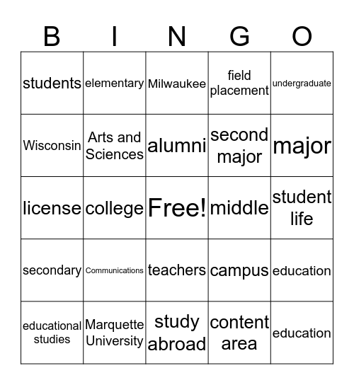 College of Education Bingo Card