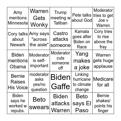 September Democratic Debate Bingo Card