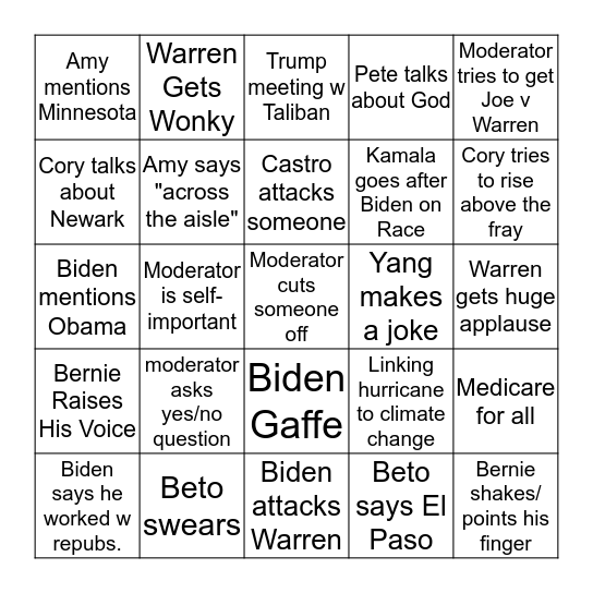 September Democratic Debate Bingo Card
