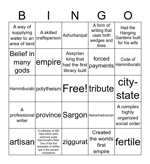 Mesopotamia Bingo Card