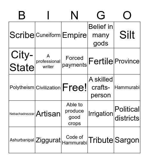 Mesopotamia Bingo Card