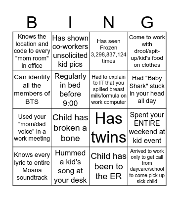 Working Parent Bingo Card