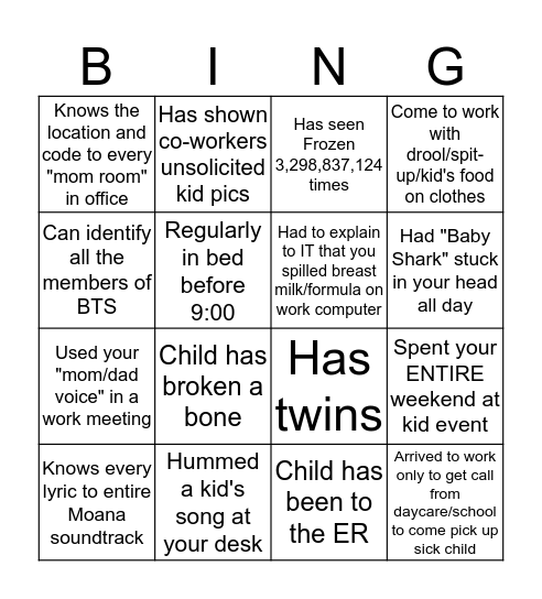 Working Parent Bingo Card