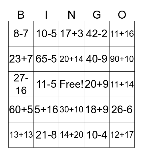 Addition and Subtraction Bingo Card