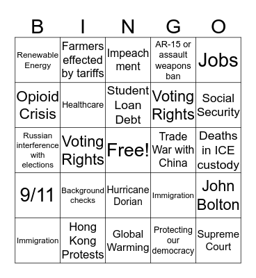 9/12 Democratic Candidate Debate Bingo Card