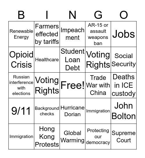 9/12 Democratic Candidate Debate Bingo Card