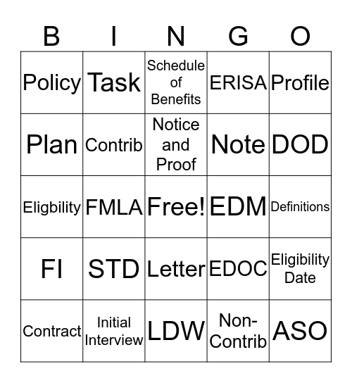 Short Term Disability  Bingo Card