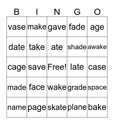 Long A Bingo Card