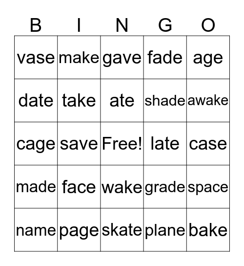 Long A Bingo Card