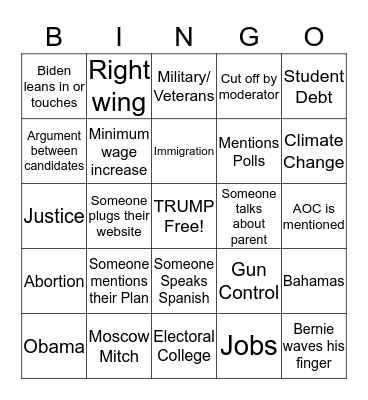 Birthday Democratic Debate Bingo Card