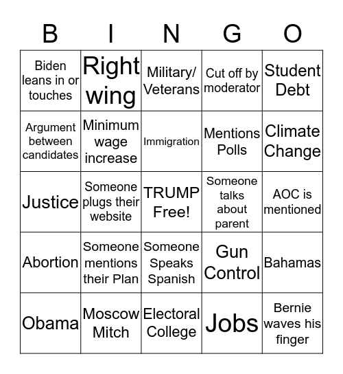 Birthday Democratic Debate Bingo Card