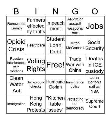 9/12 Democratic Candidate Debate Bingo Card