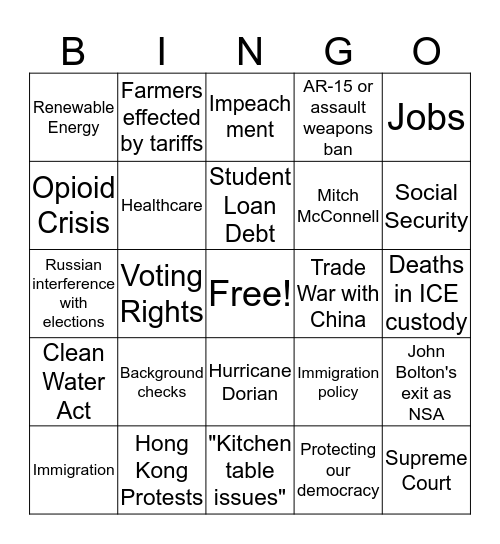 9/12 Democratic Candidate Debate Bingo Card