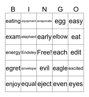Letter Ee Bingo Card