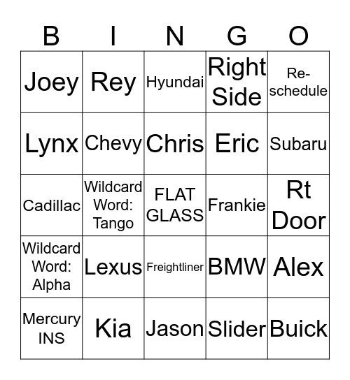 Auto Glass Bingo Card