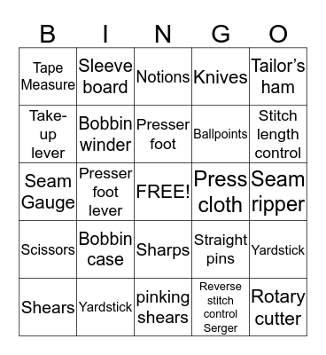 Clothing I Equipment Bingo Card