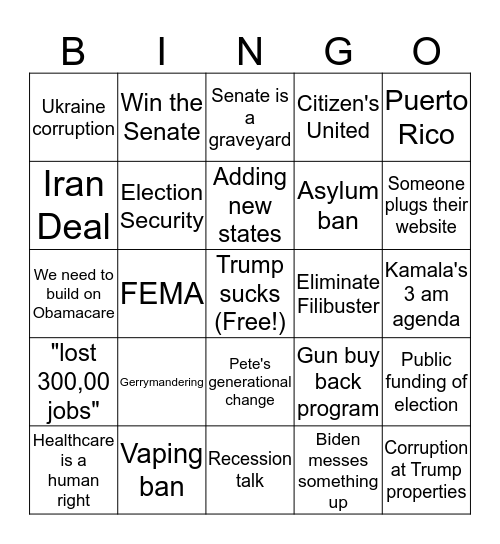 2020 September Democratic Debate Bingo Card