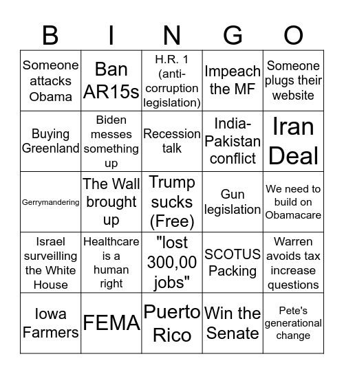 2020 September Democratic Debate Bingo Card