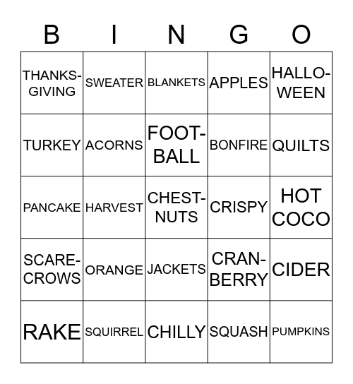 FALL THEME Bingo Card