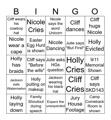 Big Brother 21 Bingo Card