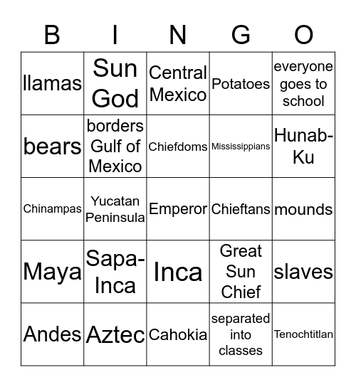 Acient Civilizations Bingo Card
