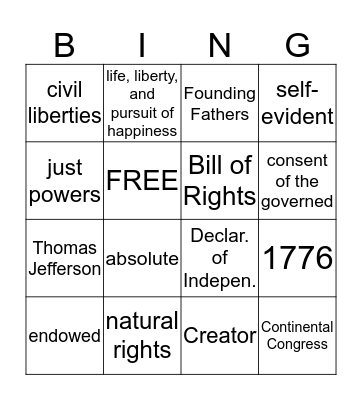 Unalienable Rights BINGO GAME Bingo Card