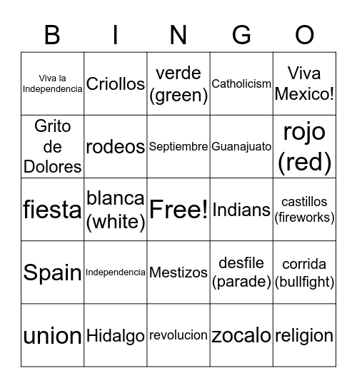 Dia de la Independencia Bingo Card