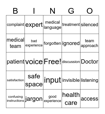 Health care Experience Bingo Card
