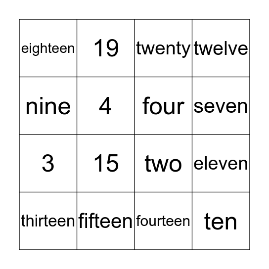 NUMBER WORDS Bingo Card