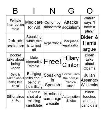 3rd Dem Debate Bingo Card